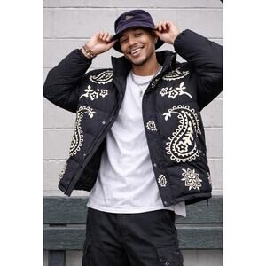 Profound Paisley Print Puffer Coat Black Cream Mens M Streetwear Statement